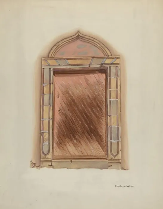 Framed Print : Carved Stone Doorway, Mission San Carlos Borromeo, 1938. Creator: Gordena Jackson Framed Print : Carved Stone Doorway, Mission San Carlos Borromeo, 1938. Creator: Gordena Jackson