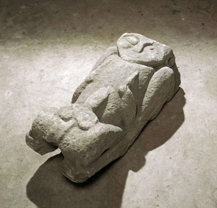 Framed Print : Carved stone figure from Margam Abbey, 12th century Framed Print : Carved stone figure from Margam Abbey, 12th century