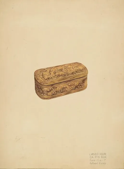 Framed Print : Carved Storage or Pin Box, c. 1939. Creator: Rolland Ayres Framed Print : Carved Storage or Pin Box, c. 1939. Creator: Rolland Ayres