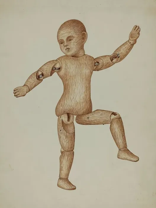 Framed Print : Carved Wood Doll, c. 1937. Creator: Edith Towner Framed Print : Carved Wood Doll, c. 1937. Creator: Edith Towner