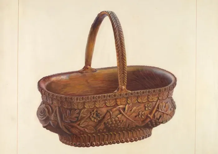 Framed Print : Carved Wooden Basket, c. 1938. Creator: Regina Henderer Framed Print : Carved Wooden Basket, c. 1938. Creator: Regina Henderer