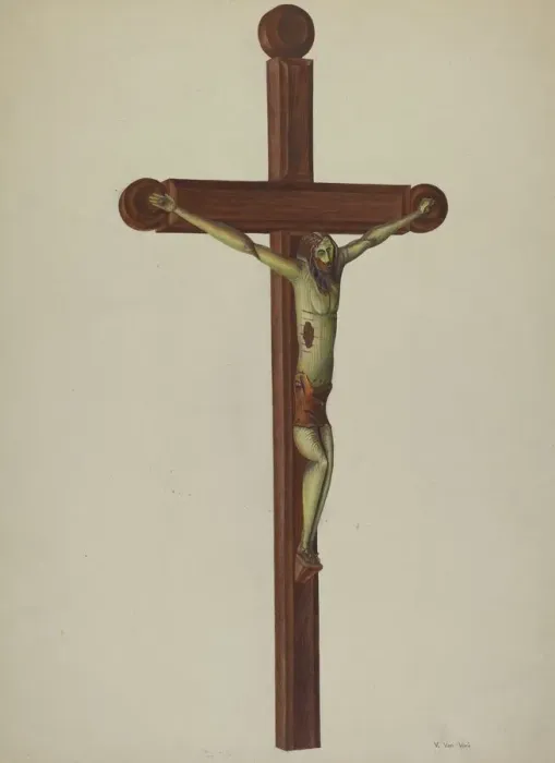 Framed Print : Carved Wooden Crucifix, c. 1939. Creator: Vera Van Voris Framed Print : Carved Wooden Crucifix, c. 1939. Creator: Vera Van Voris