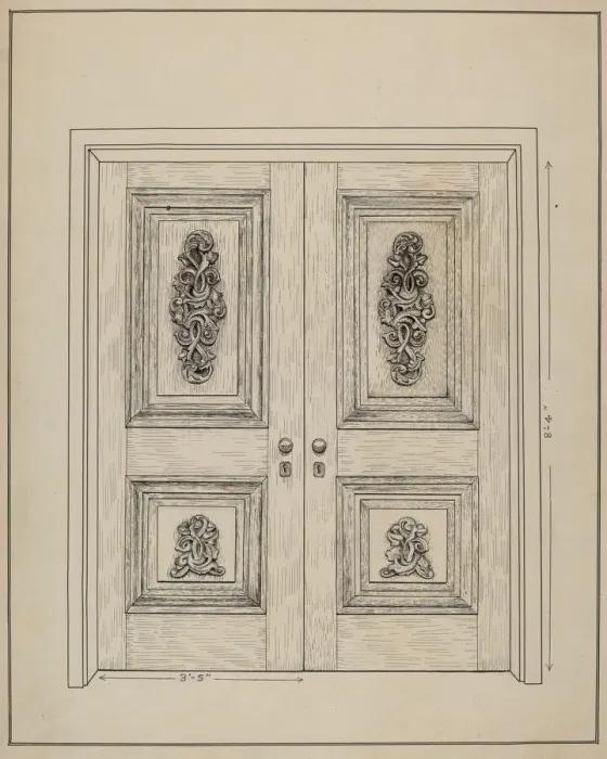 Framed Print : Carved Wooden Door, c. 1936. Creator: Ray Price Framed Print : Carved Wooden Door, c. 1936. Creator: Ray Price