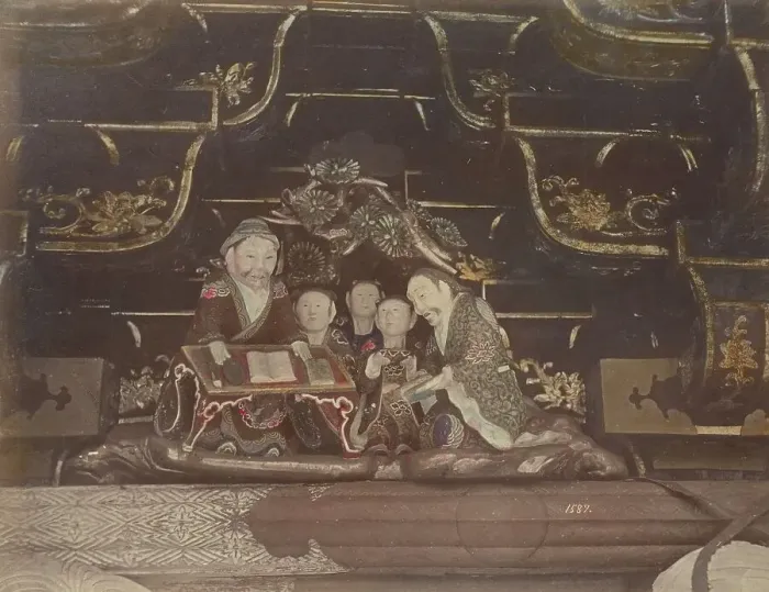 Framed Print : Carving Images, in the Top of the Great Gate, at Nikko, 1870s-1890s. Creator: Kusakabe Kimbei Framed Print : Carving Images, in the Top of the Great Gate, at Nikko, 1870s-1890s. Creator: Kusakabe Kimbei
