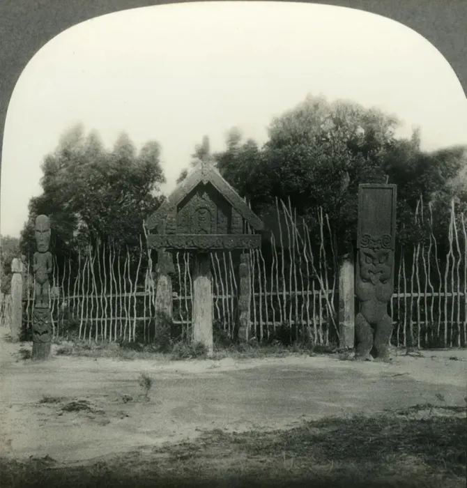 Framed Print : Carvings in a Maori Pah or Village, New Zealand, c1930s. Creator: Unknown Framed Print : Carvings in a Maori Pah or Village, New Zealand, c1930s. Creator: Unknown