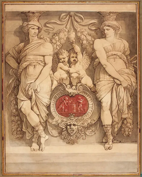 Framed Print : Two Caryatid Figures Framing A Cartouche With Two Cupids (Deux Figures De Cariatides... late 1770s. Creator: Giuseppe Cades) Framed Print : Two Caryatid Figures Framing A Cartouche With Two Cupids (Deux Figures De Cariatides... late 1770s. Creator: Giuseppe Cades)