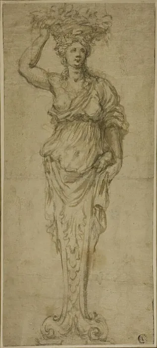 Framed Print : Caryatid (r); Three Sketches: Two Caryatids, Pair of Putti Standing on Globe (v), 17th century. Creator: Unknown Framed Print : Caryatid (r); Three Sketches: Two Caryatids, Pair of Putti Standing on Globe (v), 17th century. Creator: Unknown