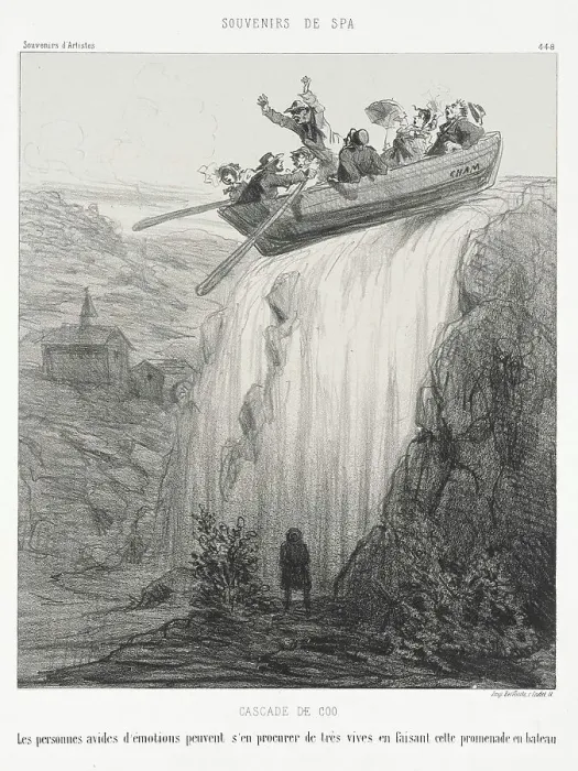 Framed Print : Cascade de Coo. Les personnes avides d'émotions peuvent s'en procurer de très vives... 1872. Creator: Cham Framed Print : Cascade de Coo. Les personnes avides d'émotions peuvent s'en procurer de très vives... 1872. Creator: Cham