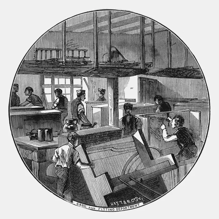 Framed Print : Case and fitting department, Chappell & Companys piano works, Belmont Street, Chalk, London, 1870 Framed Print : Case and fitting department, Chappell & Companys piano works, Belmont Street, Chalk, London, 1870