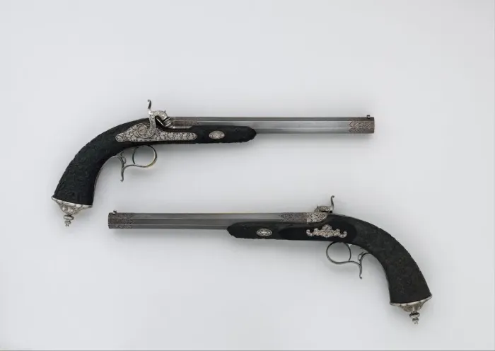 Framed Print : Cased Pair of Percussion Pistols with Accessories, French, Paris, dated 1856 Framed Print : Cased Pair of Percussion Pistols with Accessories, French, Paris, dated 1856