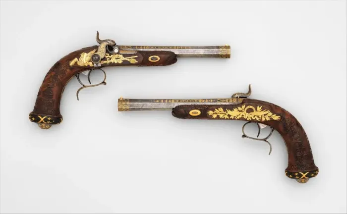 Framed Print : Cased Pair of Percussion Target Pistols with Loading and Cleaning Accessories, French Framed Print : Cased Pair of Percussion Target Pistols with Loading and Cleaning Accessories, French