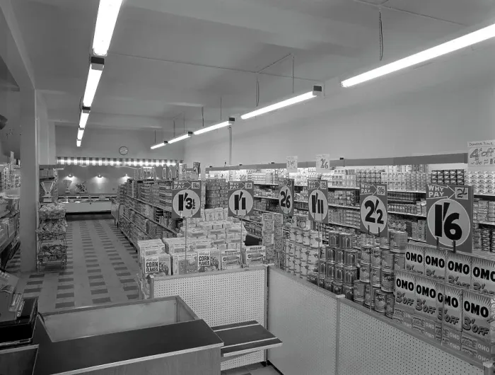 Framed Print : Cash and carry interior, Goldthorpe, South Yorkshire, 1960. Artist: Michael Walters Framed Print : Cash and carry interior, Goldthorpe, South Yorkshire, 1960. Artist: Michael Walters