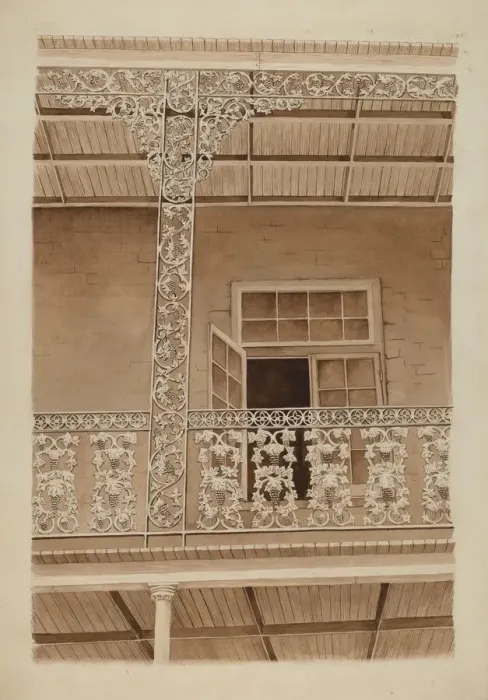 Framed Print : Cast Iron Balcony Rail, c. 1936. Creator: Ray Price Framed Print : Cast Iron Balcony Rail, c. 1936. Creator: Ray Price