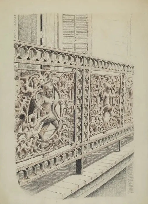 Framed Print : Cast Iron Balcony Rail, c. 1936. Creator: Ray Price Framed Print : Cast Iron Balcony Rail, c. 1936. Creator: Ray Price