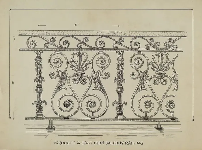 Framed Print : Cast Iron Balcony Rail, c. 1936. Creator: Ray Price Framed Print : Cast Iron Balcony Rail, c. 1936. Creator: Ray Price