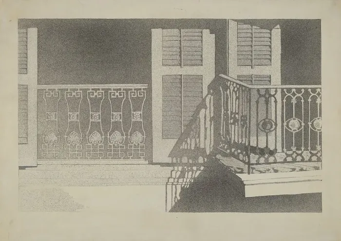 Framed Print : Cast Iron Balcony Rail, c. 1936. Creator: Arelia Arbo Framed Print : Cast Iron Balcony Rail, c. 1936. Creator: Arelia Arbo
