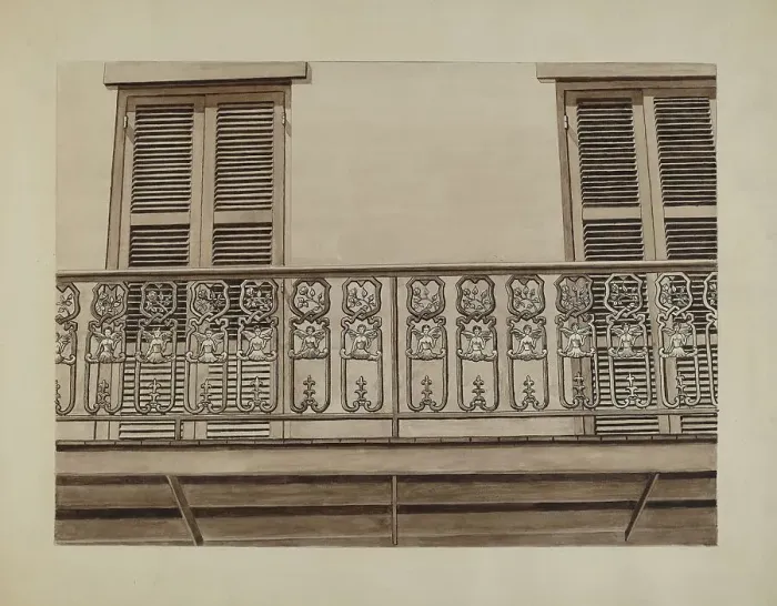 Framed Print : Cast Iron Balcony Rail, c. 1936. Creator: Lucien Verbeke Framed Print : Cast Iron Balcony Rail, c. 1936. Creator: Lucien Verbeke