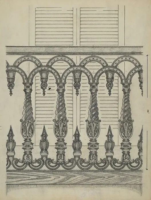 Framed Print : Cast Iron Balcony Rail, c. 1936. Creator: Thomas Byrne Framed Print : Cast Iron Balcony Rail, c. 1936. Creator: Thomas Byrne