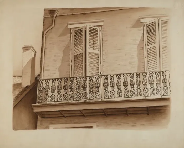 Framed Print : Cast Iron Balcony Rail, c. 1936. Creator: Al Curry Framed Print : Cast Iron Balcony Rail, c. 1936. Creator: Al Curry
