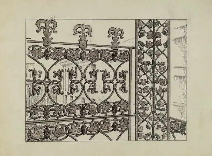 Framed Print : Cast Iron Balcony Rail, c. 1936. Creator: Al Curry Framed Print : Cast Iron Balcony Rail, c. 1936. Creator: Al Curry