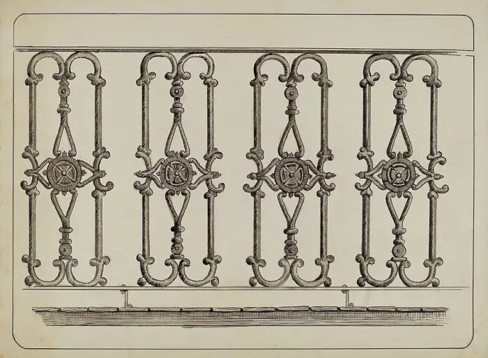 Framed Print : Cast Iron Balcony Rail, c. 1936. Creator: Al Curry Framed Print : Cast Iron Balcony Rail, c. 1936. Creator: Al Curry