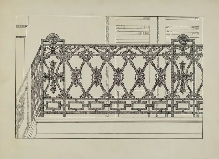 Framed Print : Cast Iron Balcony Railing, c. 1936. Creator: Arelia Arbo Framed Print : Cast Iron Balcony Railing, c. 1936. Creator: Arelia Arbo