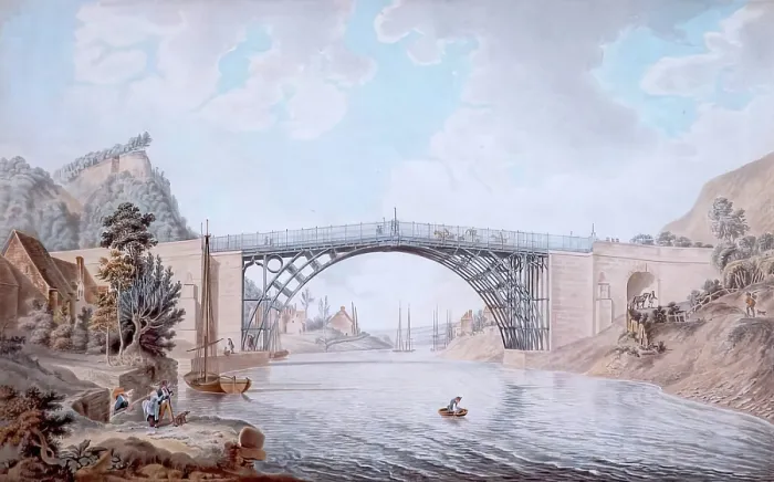 Framed Print : The Cast Iron Bridge near Coalbrook Dale In the County of Salop, 1760-1801. Creator: Michael Angelo Rooker Framed Print : The Cast Iron Bridge near Coalbrook Dale In the County of Salop, 1760-1801. Creator: Michael Angelo Rooker