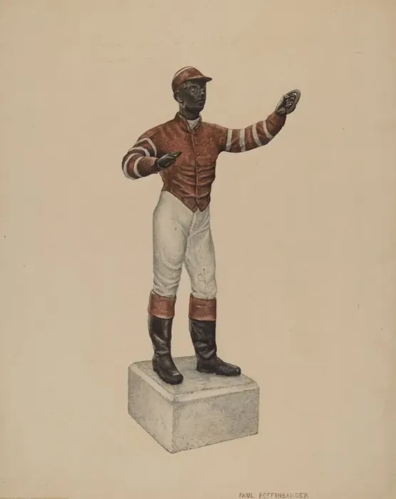 Framed Print : Cast Iron Dobbie: Jockey, c. 1939. Creator: Paul Poffinbarger Framed Print : Cast Iron Dobbie: Jockey, c. 1939. Creator: Paul Poffinbarger