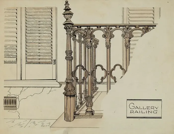 Framed Print : Cast Iron Gallery Rail, c. 1936. Creator: Ray Price Framed Print : Cast Iron Gallery Rail, c. 1936. Creator: Ray Price