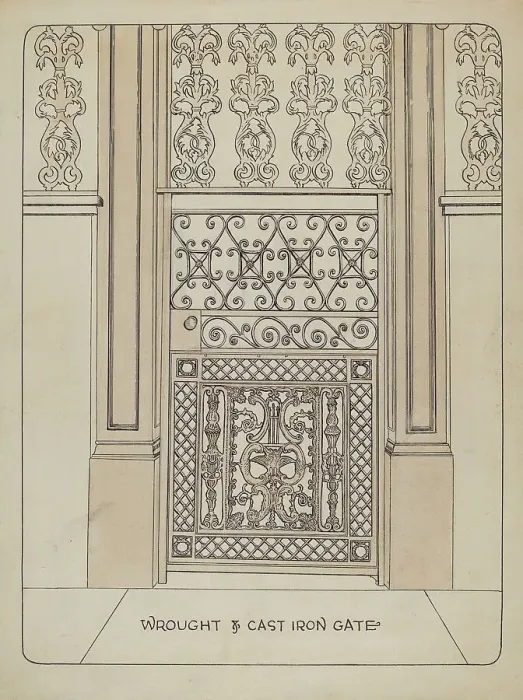 Framed Print : Cast Iron Gate, c. 1936. Creator: Ray Price Framed Print : Cast Iron Gate, c. 1936. Creator: Ray Price