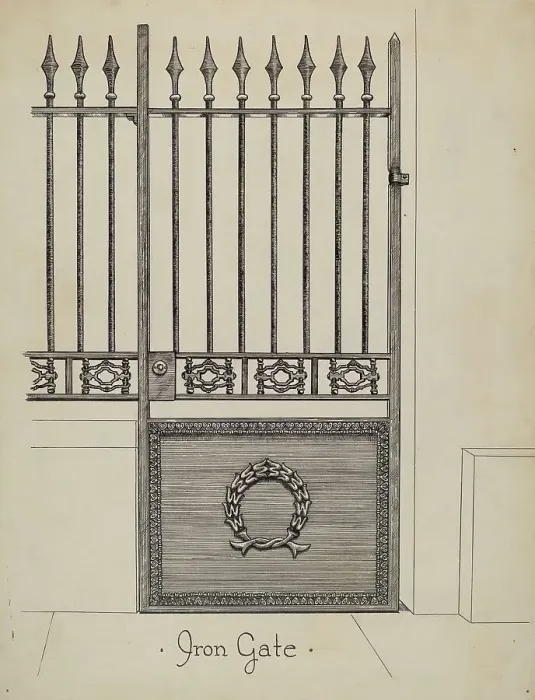 Framed Print : Cast Iron Gateway, c. 1936. Creator: Ray Price Framed Print : Cast Iron Gateway, c. 1936. Creator: Ray Price