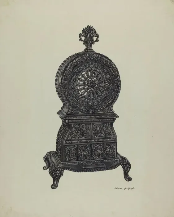 Framed Print : Cast Iron Heater Stove, c. 1940. Creator: Dolores Haupt Framed Print : Cast Iron Heater Stove, c. 1940. Creator: Dolores Haupt