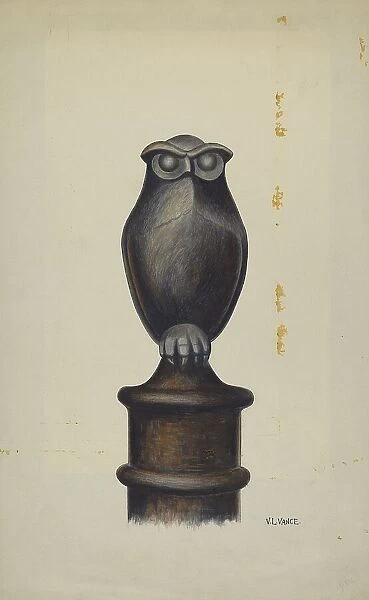 Cast Iron Owl Hitching Post, c. 1937. Creator: V. L. Vance