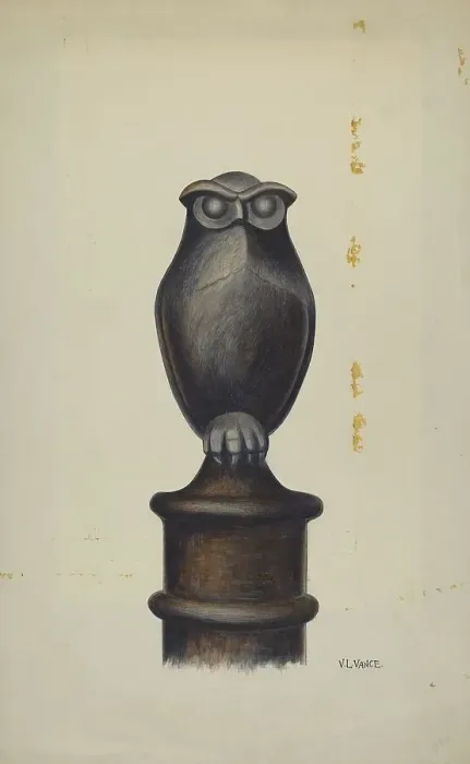 Framed Print : Cast Iron Owl Hitching Post, c. 1937. Creator: V. L. Vance Framed Print : Cast Iron Owl Hitching Post, c. 1937. Creator: V. L. Vance