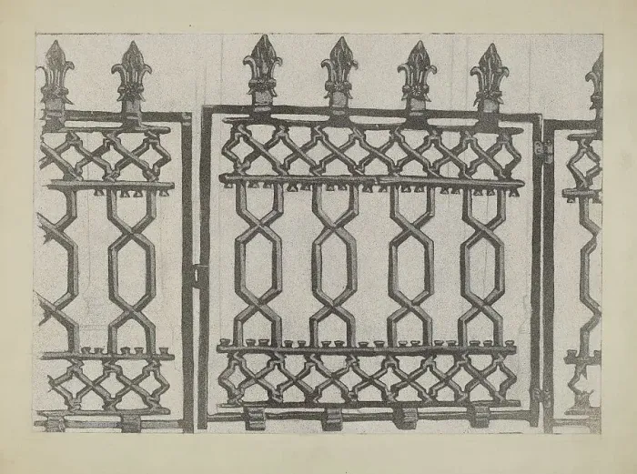 Framed Print : Cast Iron Rail and Gate, c. 1936. Creator: Arelia Arbo Framed Print : Cast Iron Rail and Gate, c. 1936. Creator: Arelia Arbo