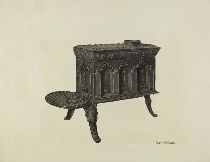 Framed Print : Cast Iron Stove, c. 1940. Creator: Edmond Lorts Framed Print : Cast Iron Stove, c. 1940. Creator: Edmond Lorts