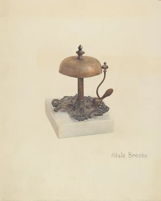 Framed Print : Cast Iron Table Bell, c. 1941. Creator: Adele Brooks Framed Print : Cast Iron Table Bell, c. 1941. Creator: Adele Brooks