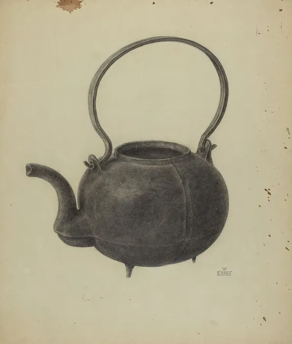 Framed Print : Cast Iron Tea Kettle, c. 1938. Creator: William Schmidt Framed Print : Cast Iron Tea Kettle, c. 1938. Creator: William Schmidt