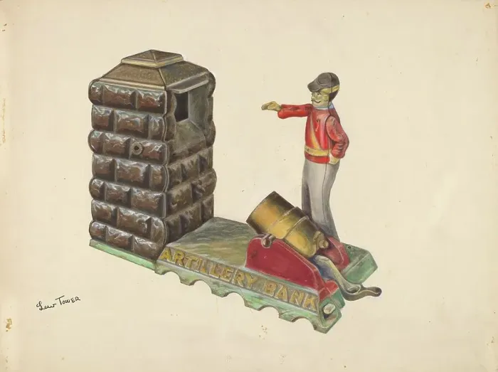 Framed Print : Cast Iron Toy: Artillery Bank, c. 1937. Creator: Lew Tower Framed Print : Cast Iron Toy: Artillery Bank, c. 1937. Creator: Lew Tower