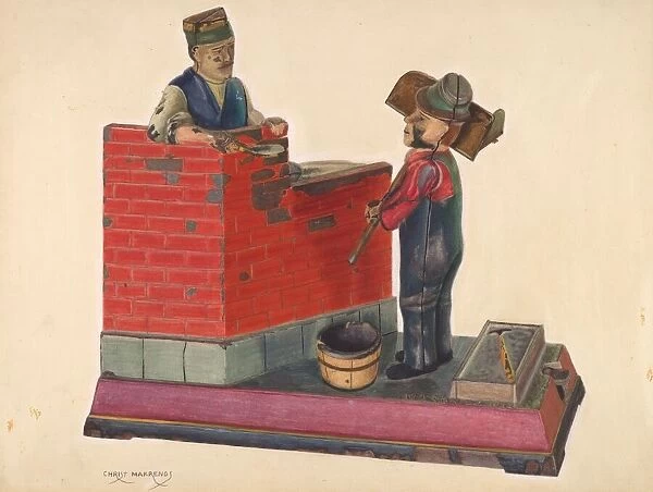 Cast Iron Toy Bank: Masons, c. 1937. Creator: Chris Makrenos