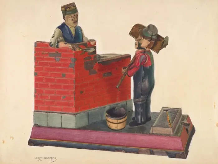 Framed Print : Cast Iron Toy Bank: Masons, c. 1937. Creator: Chris Makrenos Framed Print : Cast Iron Toy Bank: Masons, c. 1937. Creator: Chris Makrenos