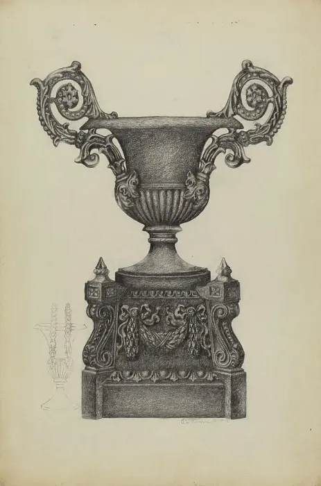 Framed Print : Cast Iron Urn, c. 1937. Creator: Austin L. Davison Framed Print : Cast Iron Urn, c. 1937. Creator: Austin L. Davison