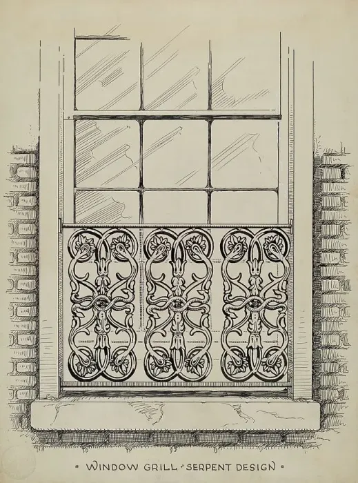 Framed Print : Cast Iron Window Grill, c. 1936. Creator: Thomas Byrne Framed Print : Cast Iron Window Grill, c. 1936. Creator: Thomas Byrne