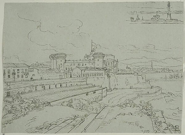 Castel Nuovo in Naples, and a sketch of the lighthouse. Creator: Adriaen Honing