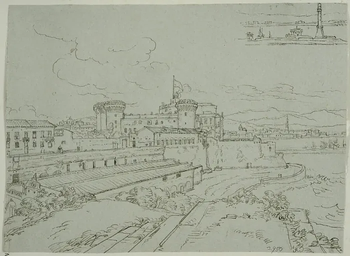 Framed Print : Castel Nuovo in Naples, and a sketch of the lighthouse. Creator: Adriaen Honing Framed Print : Castel Nuovo in Naples, and a sketch of the lighthouse. Creator: Adriaen Honing