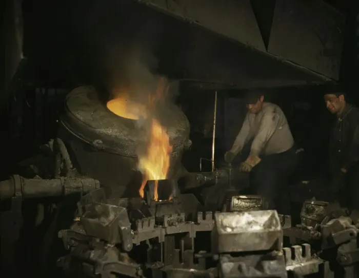Framed Print : Casting a billet from an electric furnace, Chase Brass and Copper Co. Euclid, Ohio, 1942. Creator: Alfred T Palmer Framed Print : Casting a billet from an electric furnace, Chase Brass and Copper Co. Euclid, Ohio, 1942. Creator: Alfred T Palmer