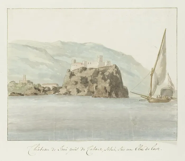 Framed Print : Castle of Aci Castello on a lava rock off the coast of Catania, 1778. Creator: Louis Ducros Framed Print : Castle of Aci Castello on a lava rock off the coast of Catania, 1778. Creator: Louis Ducros