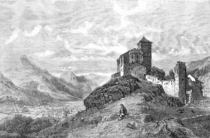 Framed Print : Castle and Church of St. Valerie, Sion, Canton Valais - painted by G. C. Stanfield... 1856. Creator: Unknown Framed Print : Castle and Church of St. Valerie, Sion, Canton Valais - painted by G. C. Stanfield... 1856. Creator: Unknown