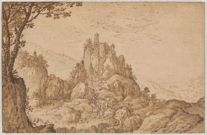 Framed Print : A Castle on a Crag in a Mountainous Landscape, late 1590s. Creator: Joos de Momper, the younger Framed Print : A Castle on a Crag in a Mountainous Landscape, late 1590s. Creator: Joos de Momper, the younger