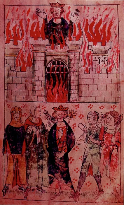 Framed Print : A castle on fire, c1307-c1327. Creator: Unknown
